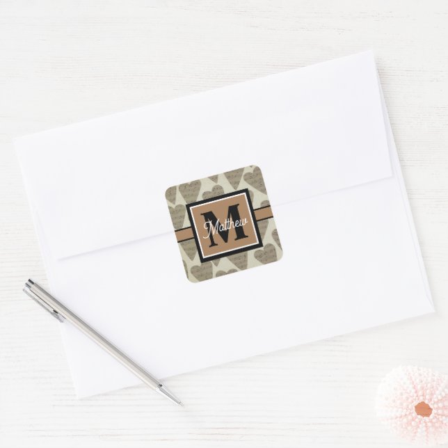 Musiknote Heart Musician Monogram Quadratischer Aufkleber (Umschlag)