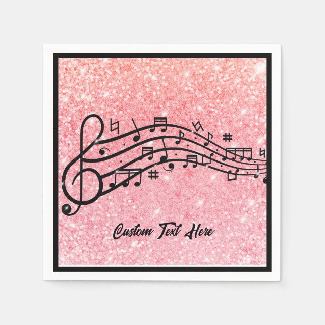 Musiknoten Black Pink Glitzer Sparkle Personalisie Serviette (Vorderseite)