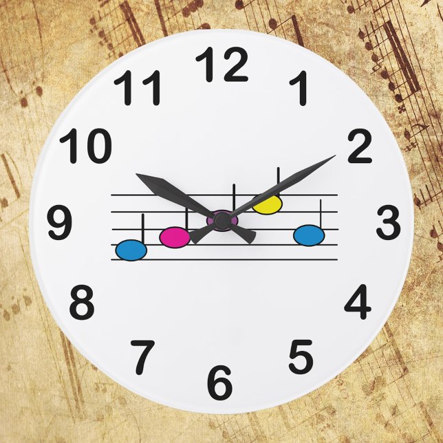 Musiknoten farbige Personalnummern Große Wanduhr (A fun clock with a picture of colorful music notes)