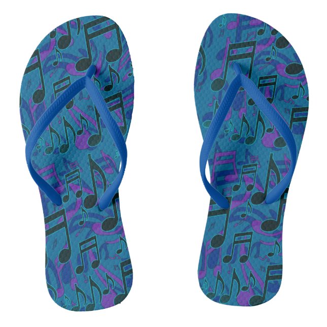 Musiknoten Lebendes musikalisches Muster Blau Lila Flip Flops (Fußbett)