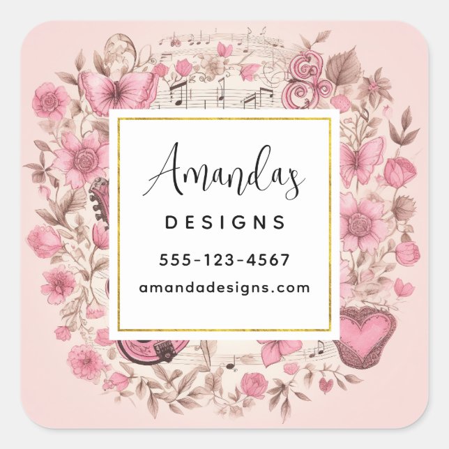 Musiknoten und Blume Retro-Business Quadratischer Aufkleber (Vorderseite)