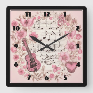 Musiknoten und Blume Retro-Stil Quadratische Wanduhr
