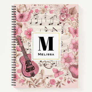 Musiknoten und Blume Retro Style Monogramm Notizbuch