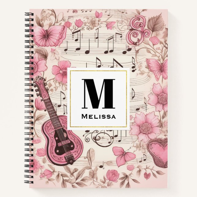 Musiknoten und Blume Retro Style Monogramm Notizbuch (Vorderseite)