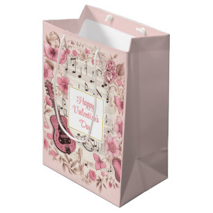 Musiknoten und Blumen Eleganter Valentinstag Mittlere Geschenktüte