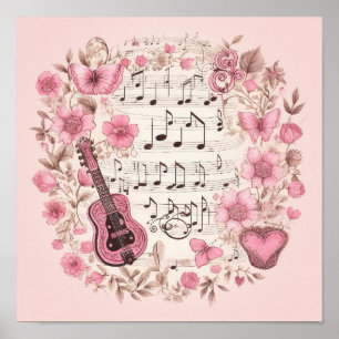 Musiknoten und Blumen im Retro-Stil Poster
