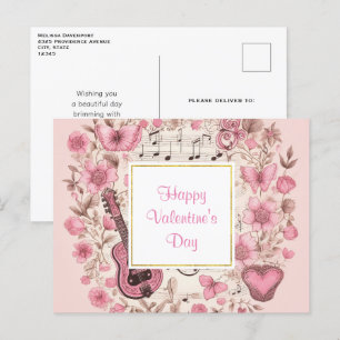 Musiknoten und Blumen Retro Valentinstag Feiertagspostkarte