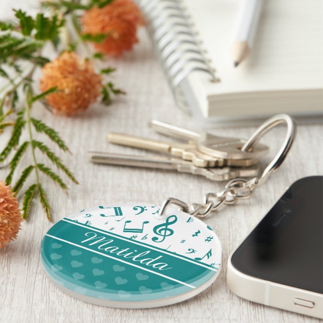 Musiknoten und Herzmuster Aquamarin und weiß Schlüsselanhänger (Vorderseite rechts)