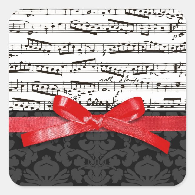 Musiknoten und Imitate, rotes Band Quadratischer Aufkleber (Vorderseite)
