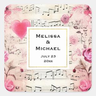 Musiknoten und Rosen Vintage-Hochzeit Quadratischer Aufkleber