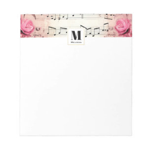 Musiknoten und Rosen Vintage Monogramm Notizblock