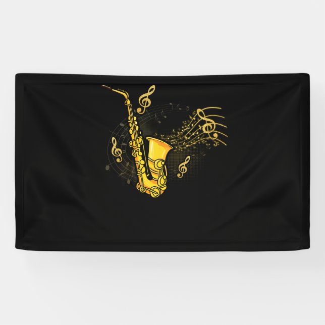 Musiknotens Treble Clef Saxophonist Jazzmusiker Banner (Horizontal)