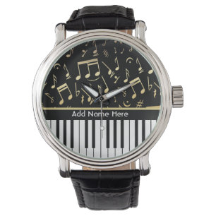 Musiknotizen und Klaviertasten Schwarz und Gold Armbanduhr