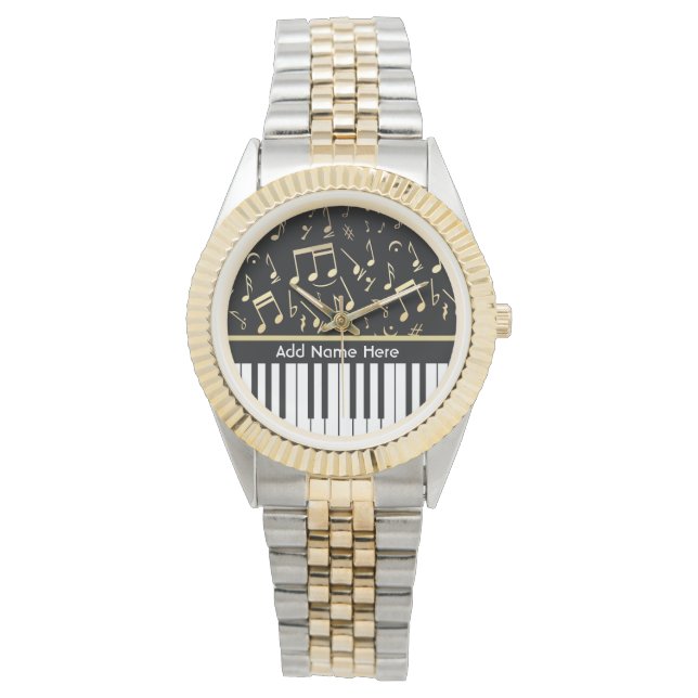 Musiknotizen und Klaviertasten Schwarz und Gold Armbanduhr (Vorderseite)