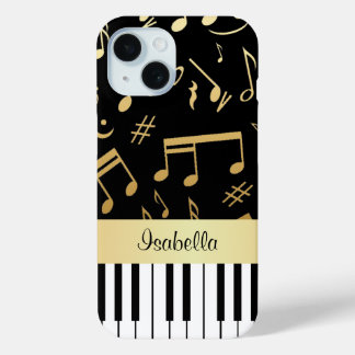 Musiknotizen und Klaviertasten Schwarz und Gold iPhone 15 Hülle