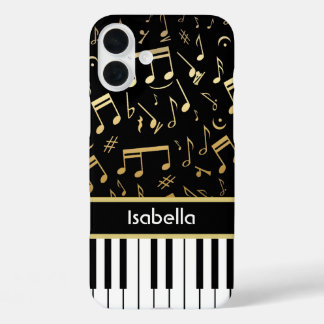 Musiknotizen und Klaviertasten Schwarz und Gold iPhone 16 Plus Hülle