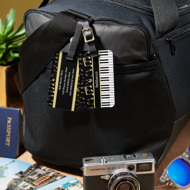 Musiknotizen und Klaviertasten Schwarz und Gold Gepäckanhänger (Vorderseite & Rückseite)