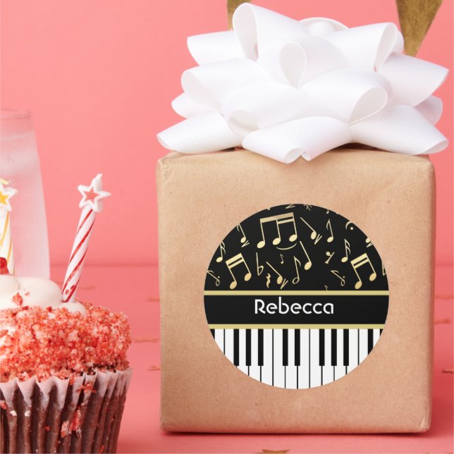 Musiknotizen und Klaviertasten Schwarz und Gold Runder Aufkleber (Party)