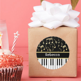 Musiknotizen und Klaviertasten Schwarz und Gold Runder Aufkleber