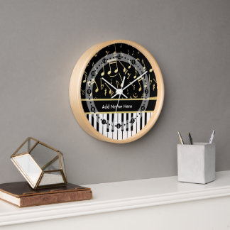 Musiknotizen und Klaviertasten Schwarz und Gold Wanduhr