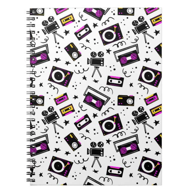 Musikplayer, Tonbandgerät, Videoband, Filmkamera, Notizblock (Vorderseite)