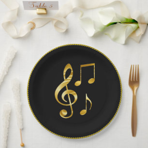 Musiksymbole, goldener Kreis auf Schwarz, Pappteller