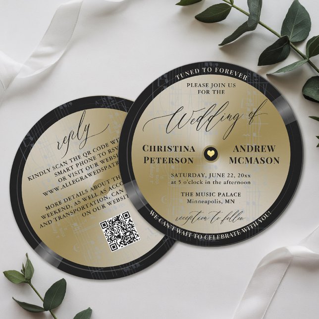 Musikthema Vintage Vinyl Gold Disk Moderne Hochzei Einladung (musician wedding invitation gold vintage lp record disk music partition notes QR code RSVP all one)