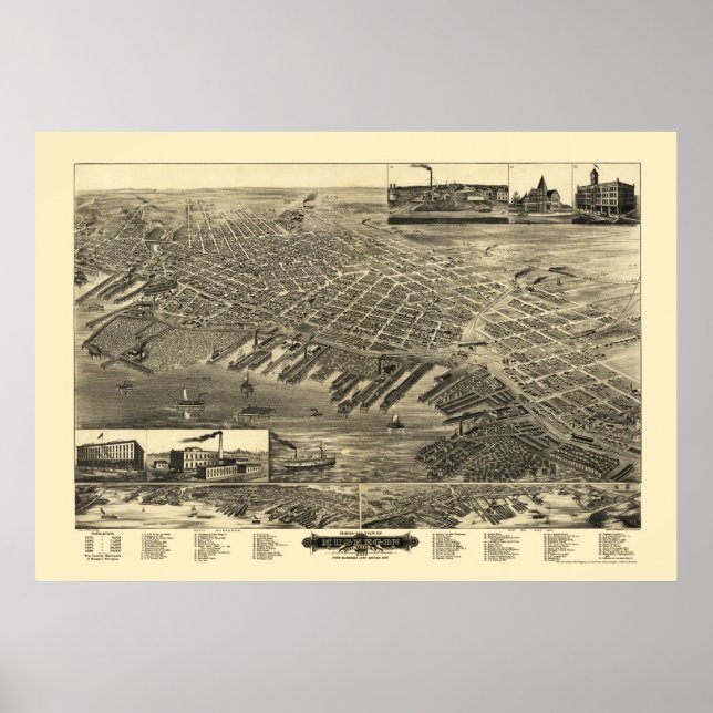 Muskegon, MI Panoramic Map - 1889 Poster (Vorne)