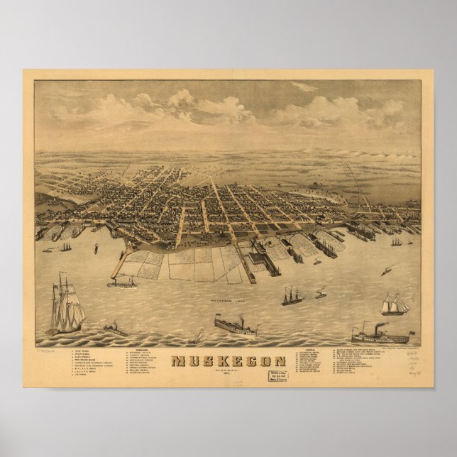 Muskegon Michigan 1874 Antique Panoramabalkarte Poster (Vorne)