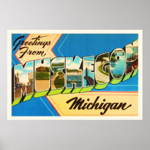 Muskegon Michigan MI alte Vintage Reise-Andenken Poster