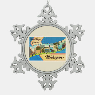 Muskegon Michigan MI alte Vintage Reise-Andenken Schneeflocken Zinn-Ornament