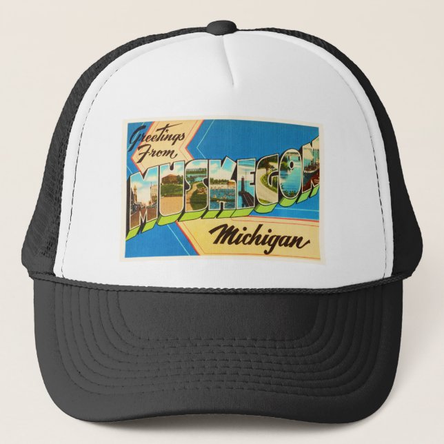 Muskegon Michigan MI alte Vintage Reise-Andenken Truckerkappe (Vorderseite)