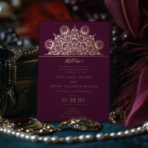 Muslim Burgundy Plum Gold Foil Mandala Wedding Folieneinladung