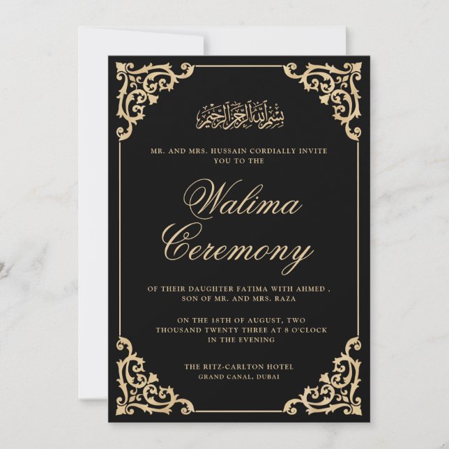Muslime Walima Black Gold Islamische Hochzeit Einladung (Vorderseite)