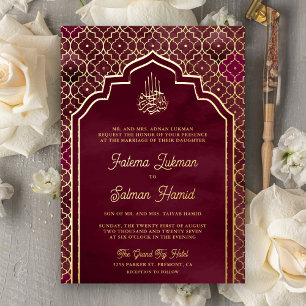 Muslimische Hochzeit mit Burgund-Marokko-Arch Folieneinladung