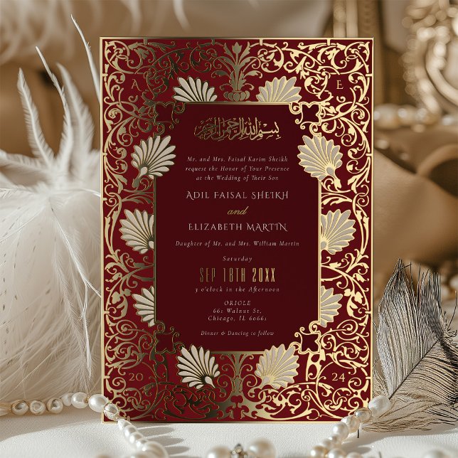 muslimische Red & Gold Foil Akzente Hochzeit Folieneinladung (Von Creator hochgeladen)