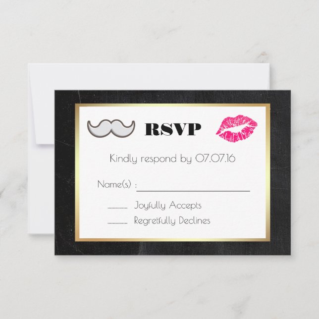 Mustache and Lips Black and Gold Wedding RSVP (Vorderseite)