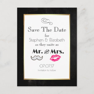 Mustache and Lips Mr. and Mrs Save the Date Ankündigungspostkarte