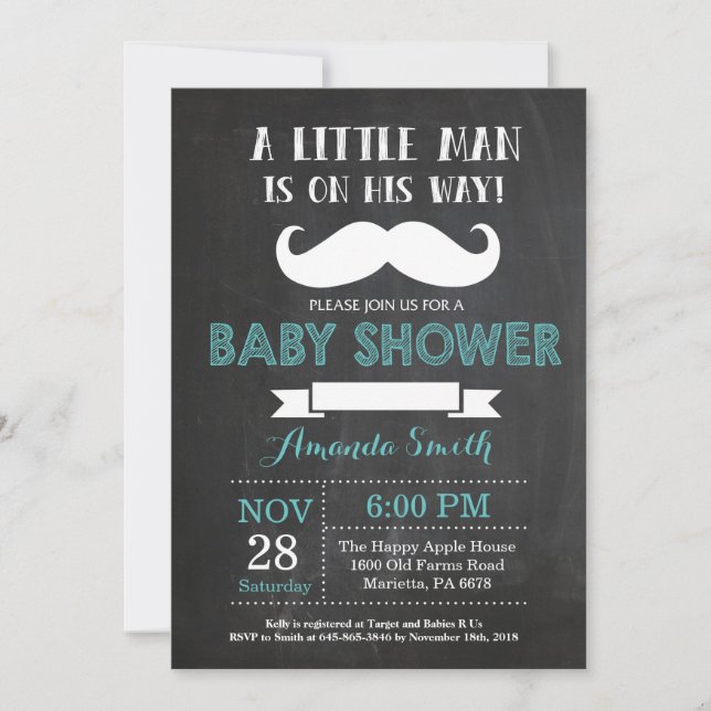 Mustache Baby Shower Einladung Aqua und Grau (Vorderseite)