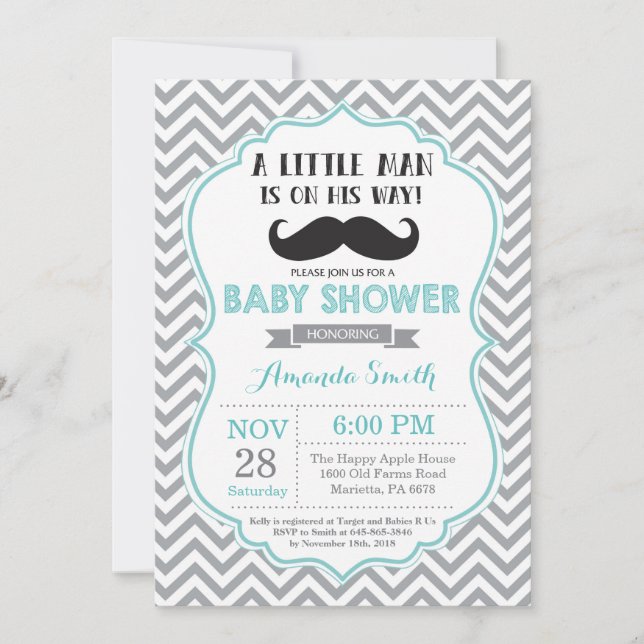 Mustache Baby Shower Einladung Aqua und Grau (Vorderseite)