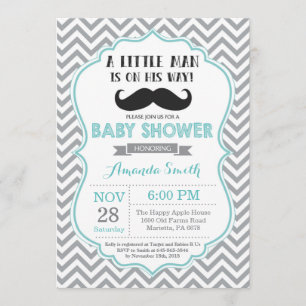 Mustache Baby Shower Einladung Aqua und Grau