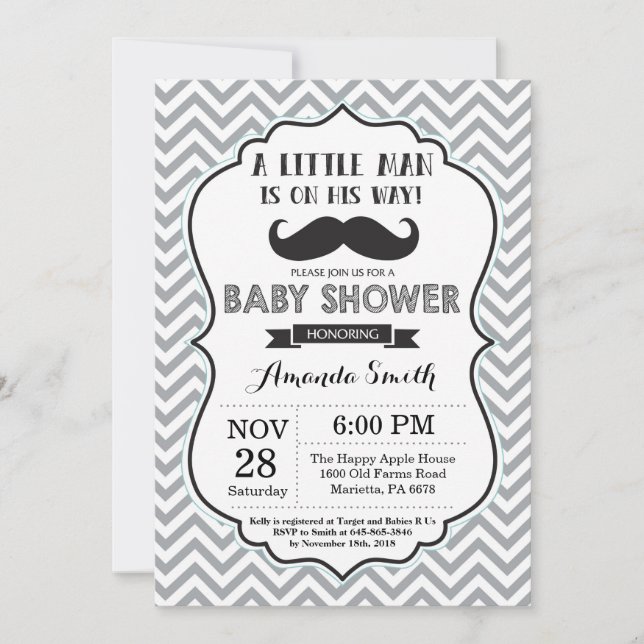 Mustache Baby Shower Einladung Black and Gray (Vorderseite)