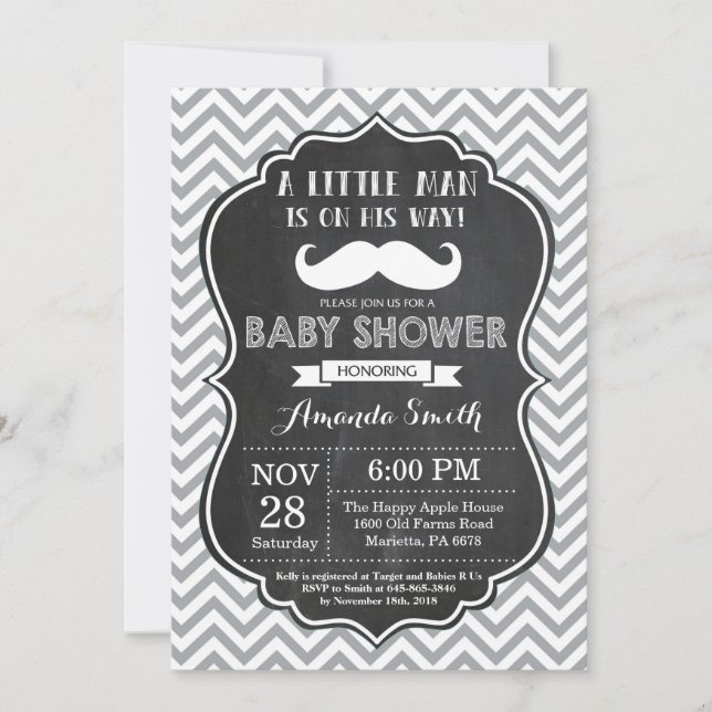 Mustache Baby Shower Einladung Black and Gray (Vorderseite)