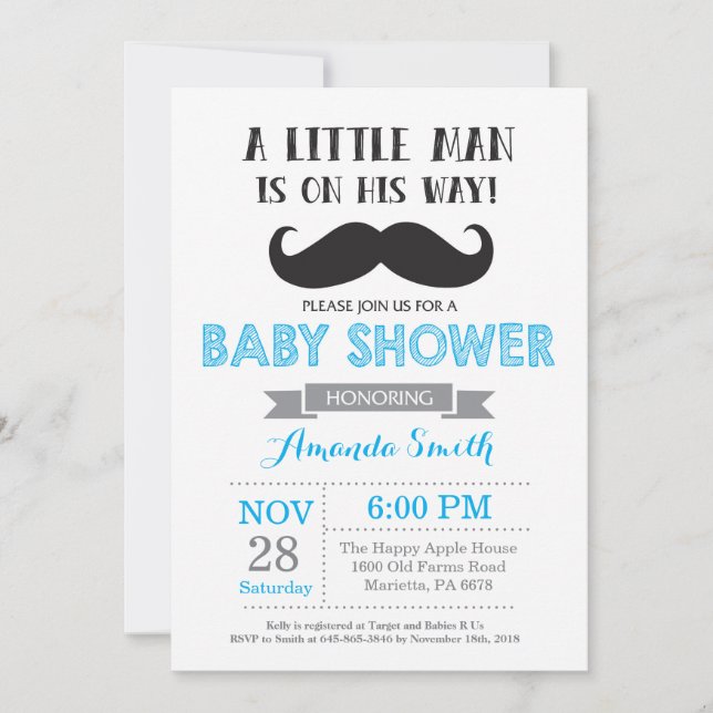 Mustache Baby Shower Einladung Blau und Grau (Vorderseite)