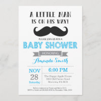Mustache Baby Shower Einladung Blau und Grau