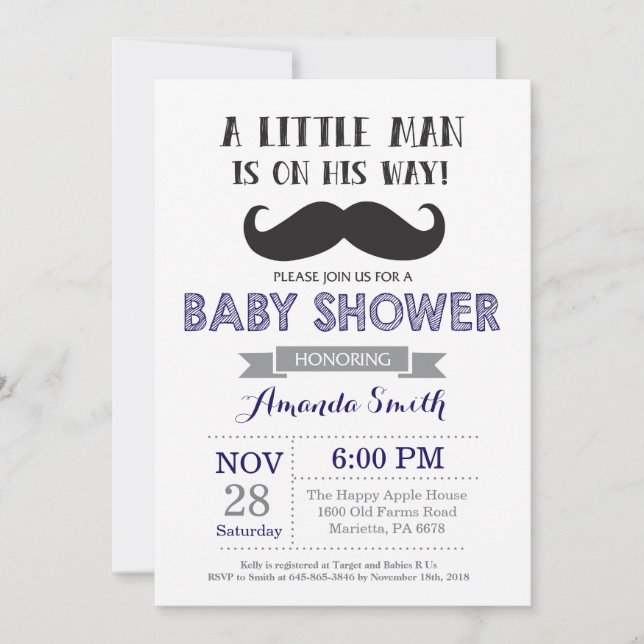 Mustache Baby Shower Einladung Navy Blue und Grau (Vorderseite)
