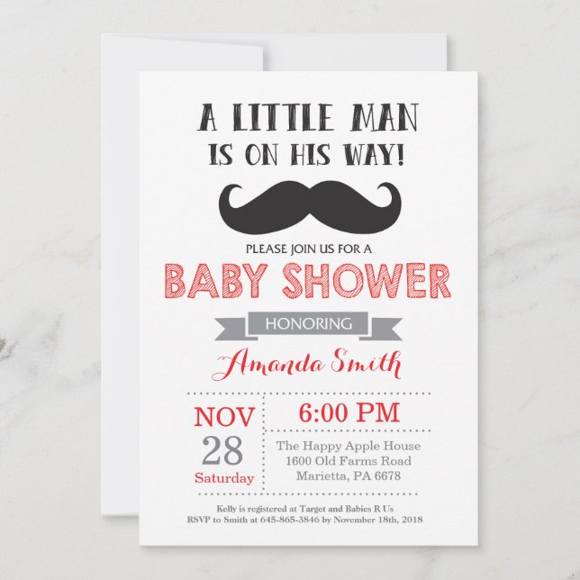 Mustache Baby Shower Einladung Rot und Grau (Vorderseite)