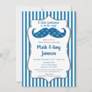 Mustache Babydusche Einladung Blaue Streifen
