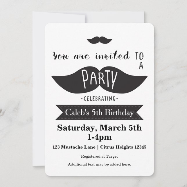 Mustache Bash Birthday PARTY Moderne Einladungen (Vorderseite)