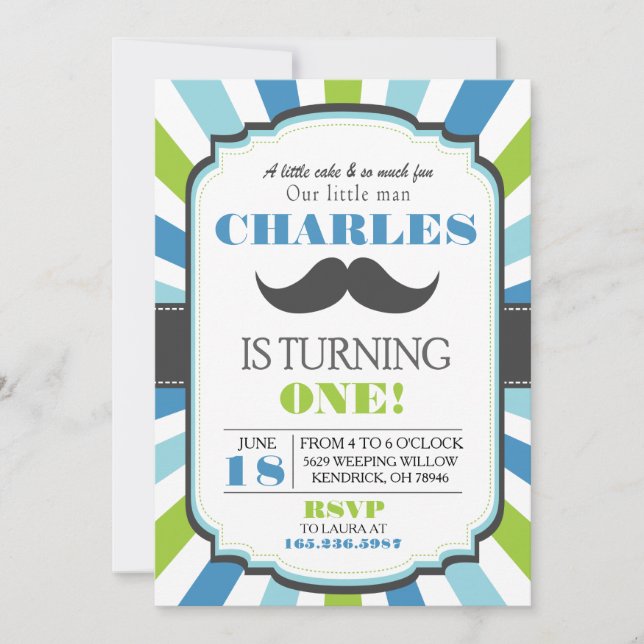 Mustache Bash Blauer Geburtstag Einladung (Vorderseite)